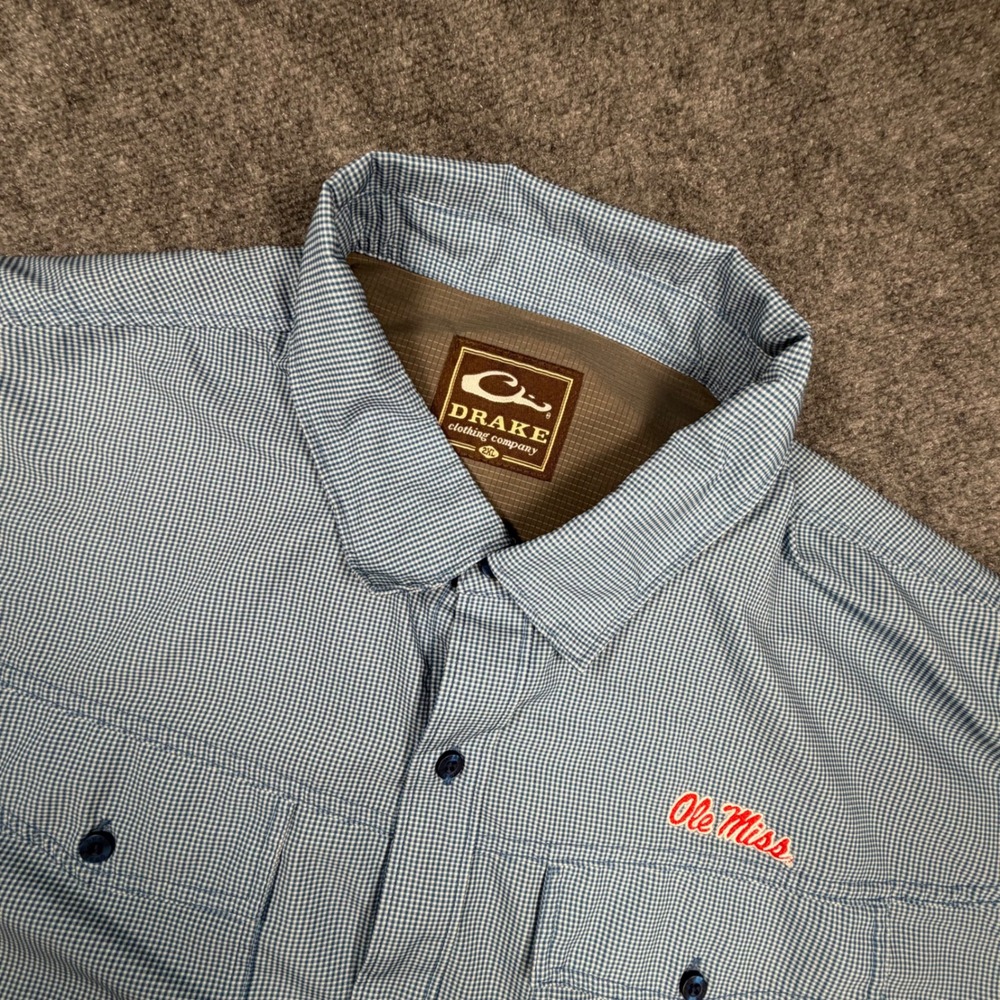 Drake Waterfowl Ole Miss Rebels Mens 2XL Blue Gingham Button Down Shirt 0571
